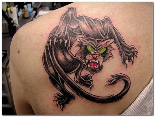 Evil Panther Tattoo On Back Shoulder