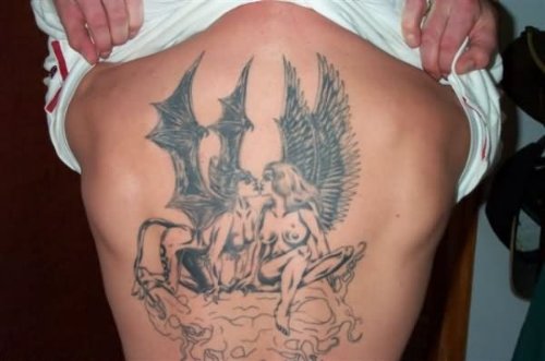 Evil and Angel Girls Tattoo On Back