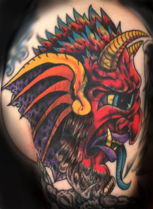 Colored Evil Head Scary Tattoo