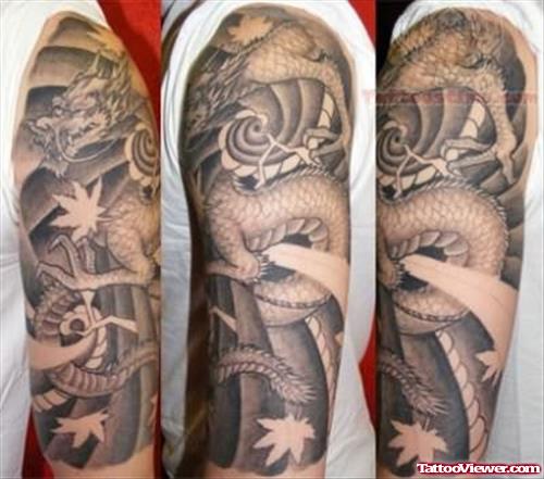 Grey Ink Extreme Dragon Tattoo On Sleeve