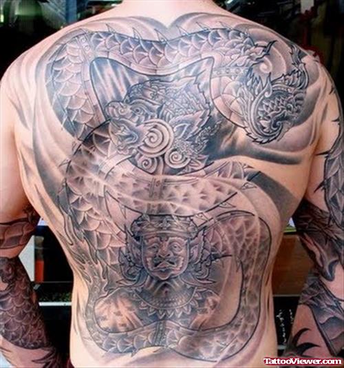 Grey Ink Dragon Extreme Tattoo On Back