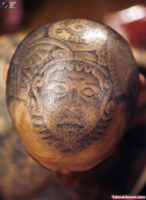 Grey Ink Aztec Extreme Tattoo On Head