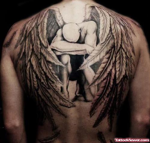 Extreme Sad Angel Tattoo On Back
