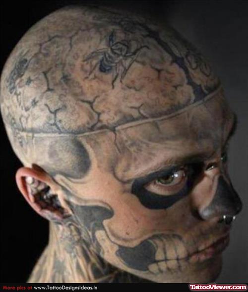 Grey Ink Extreme Skull Face Tattoo