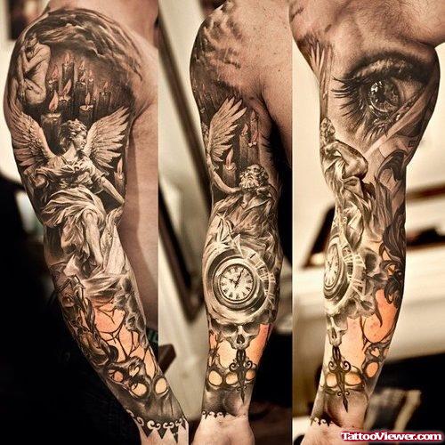 Grey Ink Extreme Biomechanical Tattoo On Sleeve