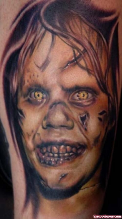 Extreme Scary Face Tattoo on Half Sleeve