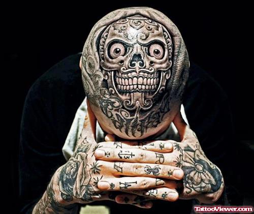 Extreme Grey Ink Aztec Tattoo On Head