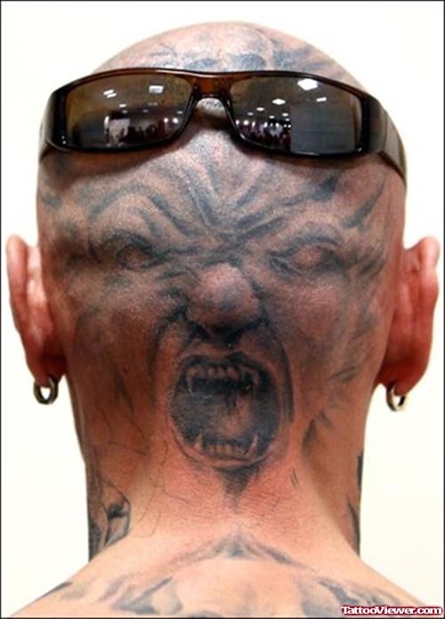 Grey Ink Extreme Devil Tattoo On Head