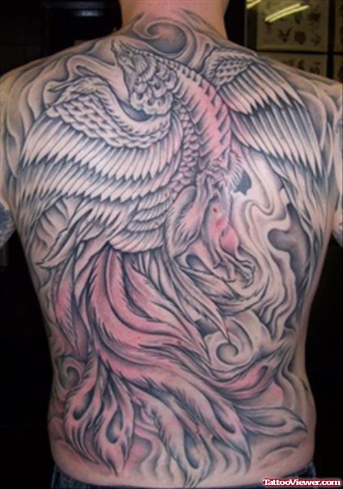 Grey Ink Phoenix Extreme Tattoo On Back