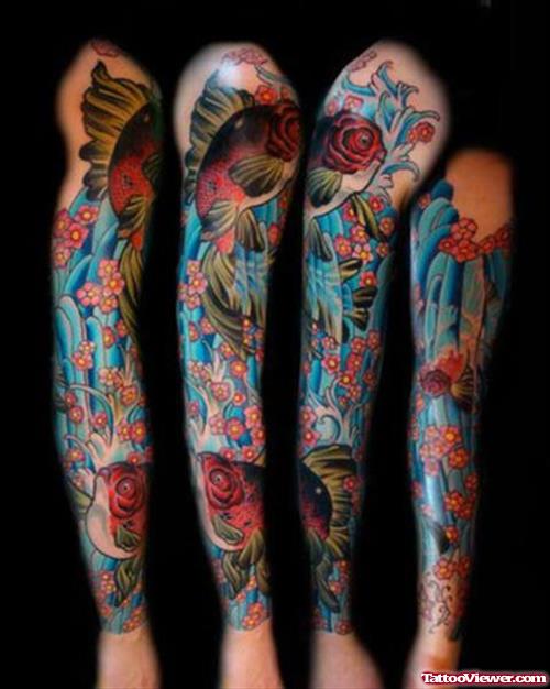 Flowers And Fish Extreme Tattoo On Sleeve