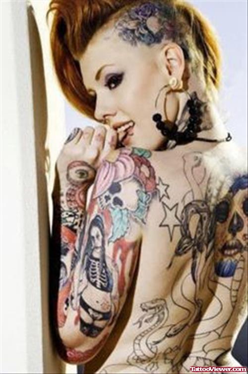 Extreme Sleeve And Back Tattoo For Girls
