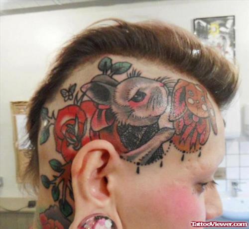 Extreme Rose Flower And Rabbit Tattoo On Head