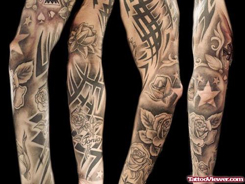 Tribal And Rose Flower Extreme Tattoo On Sleeve