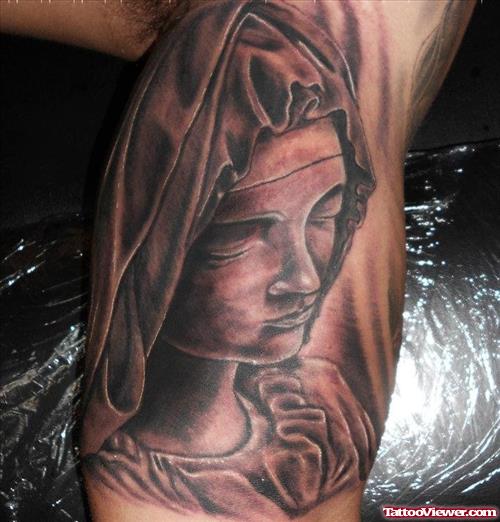 Grey Ink Virgin Mary Extreme Tattoo On Half Sleeve