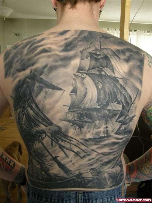 Grey Ink Ship Extreme Tattoo On Back
