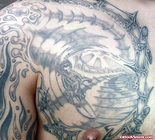 Grey Ink Extreme Tattoo On Man Chest