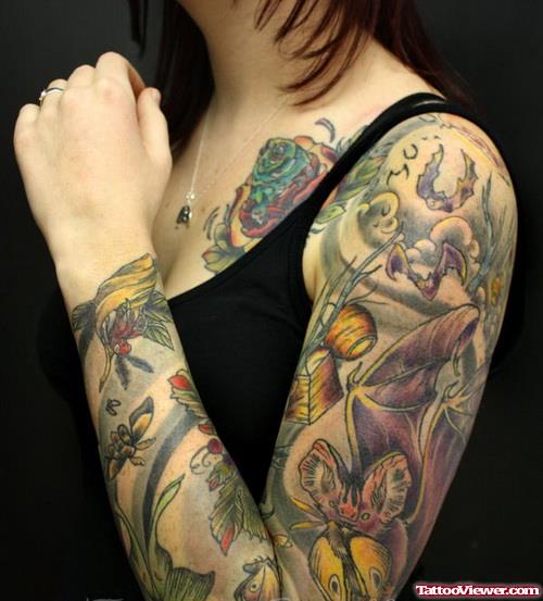 Extreme Bats Tattoos On Girl Left Sleeve