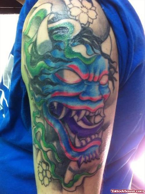 Color Ink Extreme Demon Tattoo On Half Sleeve