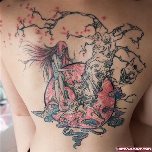 Tree And Girl Extreme Tattoo On Back