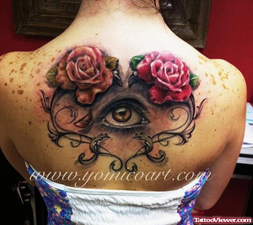 Red Roses And Eye Tattoo On Upperback