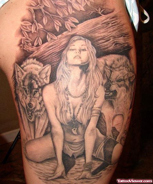 Grey Ink Wolfs And Girl Extreme Tattoo