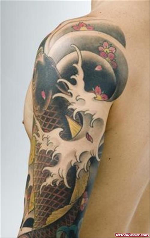 Extreme Koi And Flowers Tattoo On Left Half Sleeve