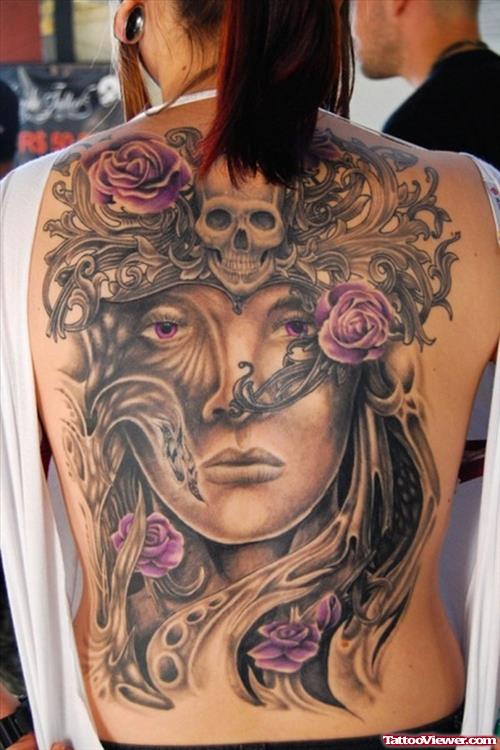 Purple Roses And Evil Extreme Tattoo On Back