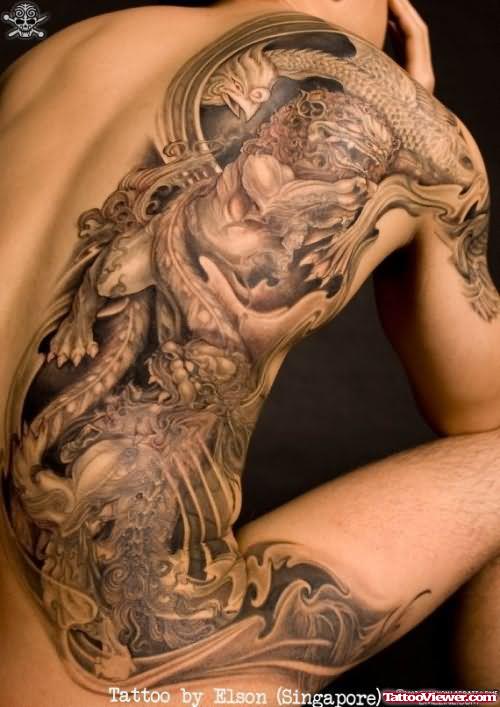 Extreme Grey Ink Dragon Tattoo On Back