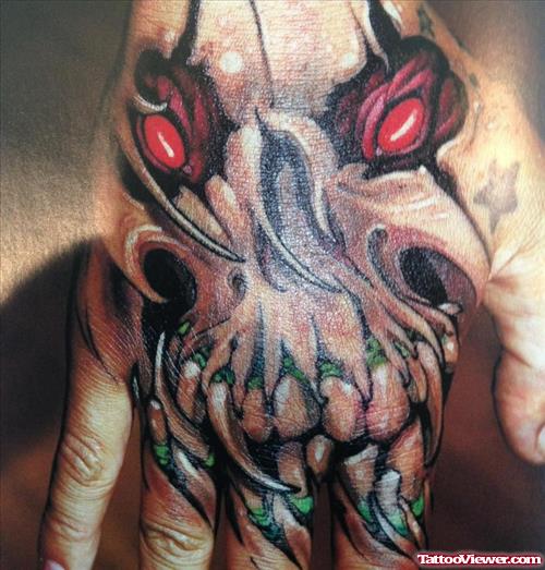 Red Eyes Scary Skull Extreme Tattoo On Hand