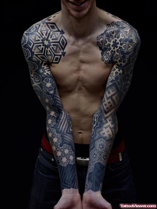Grey Ink Geometric Dotwork Extreme Tattoos On Sleeve