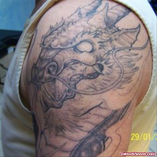Grey Dragon Extreme Tattoo On Left Shoulder