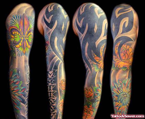 Fluer De Lis, Flowers And Tribal Extreme Tattoo On Full Sleeve