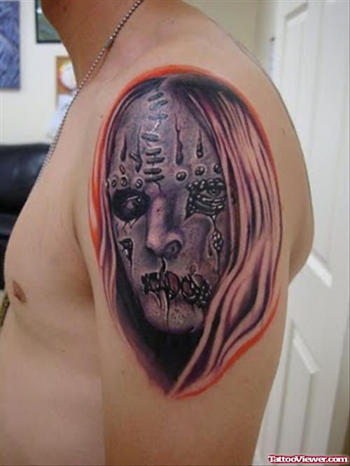 Extreme Zombie Face Tattoo On Left Shoulder