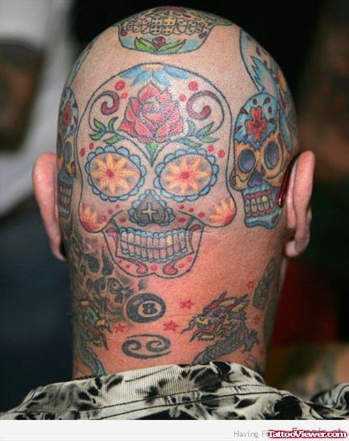 Extreme Sugar Skulls Colored Tattoo On Head