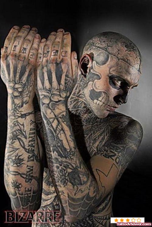 Grey Ink Extreme Skeleton Tattoo On Full Body