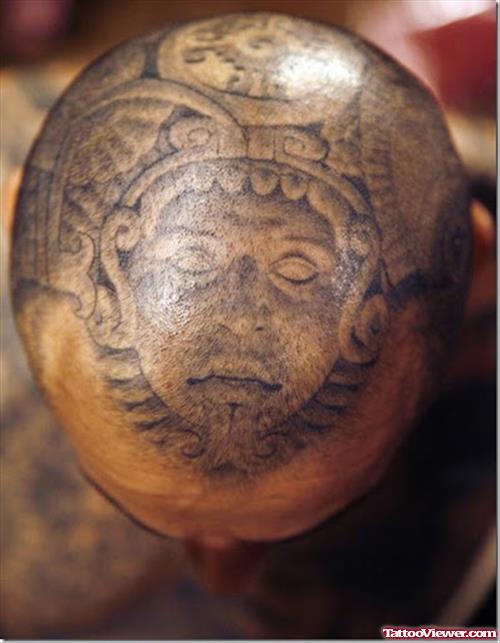 Grey Ink Extreme Aztec Tattoo On Head