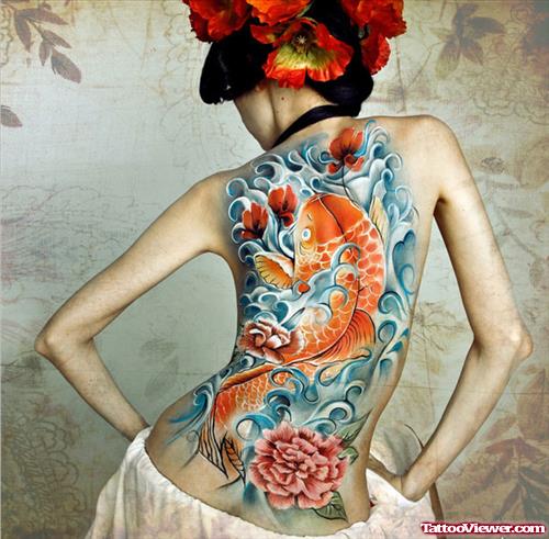 Extreme Koi And Flowers Tattoo On Back