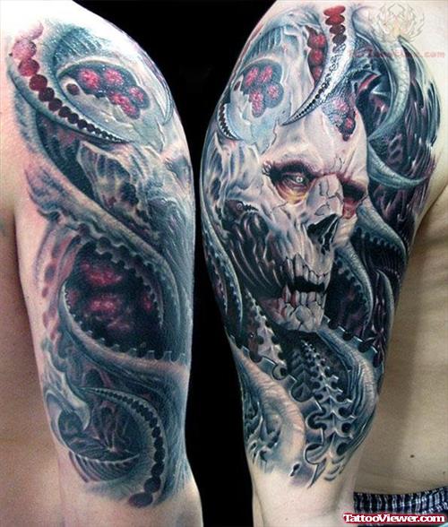 Extreme Biomechanical Skull Tattoo On Half Sleeve