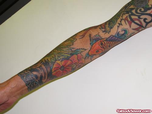 Extreme Koi Flowers And Tribal Sleeve Tattoos