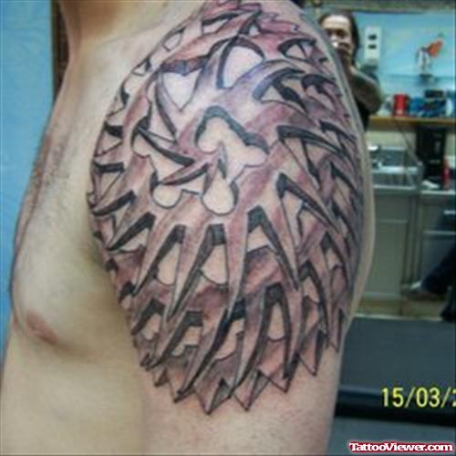 Extreme Grey Ink Gear Tattoo On Man Left Shoulder