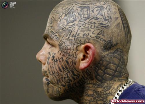 Extreme Grenade And Grey Ink Tattoo On Head