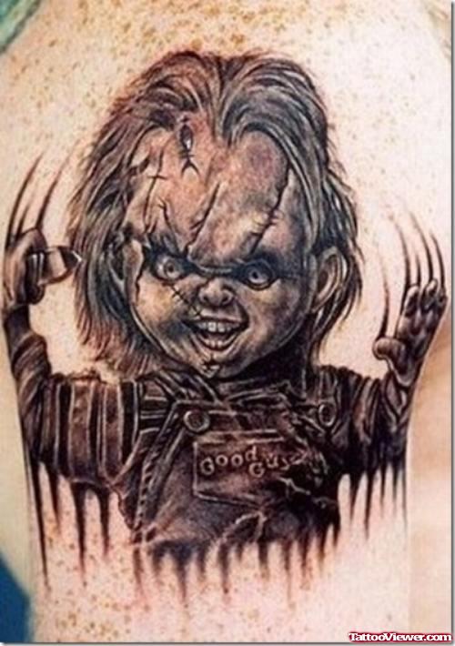 Extreme Chucky Tattoo On Shoulder