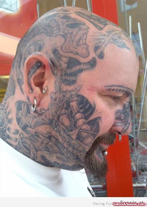 Awesome Grey Ink Biomechanical Extreme Head Tattoo