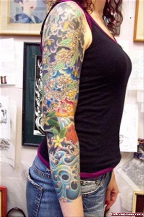Colored Floral Extreme Tattoo On Right Sleeve