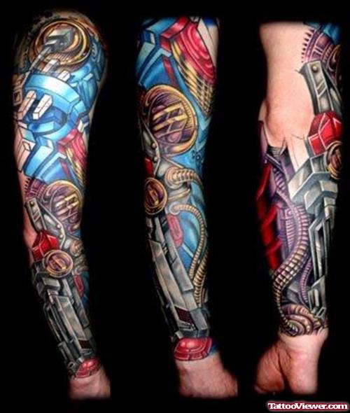 Colored Ink Biomechanical Extreme Tattoo On Sleeve
