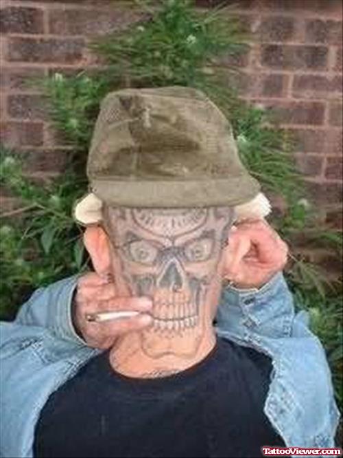 Extreme Smoking Face Tattoo On Head