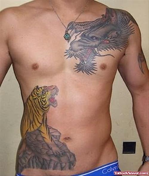 Dragon And Tiger Extreme Tattoo On Chest