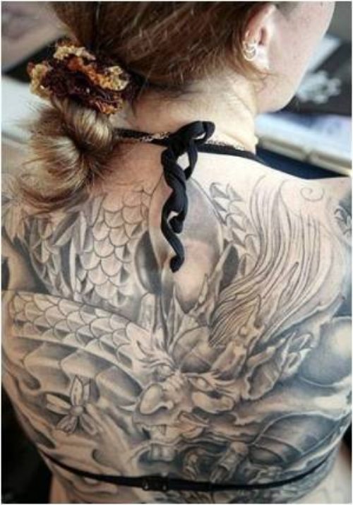 Girl With Extreme Grey Ink Tattoo On Back