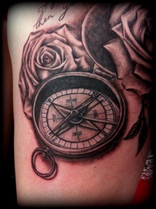 Compass And Realistic Rose Extreme Tattoo