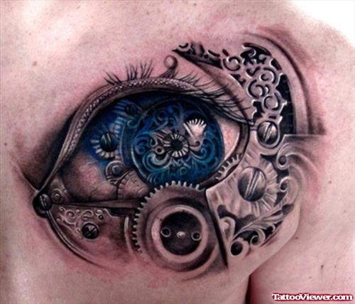 Colored Biomkechanical Eye Tattoo On Chest